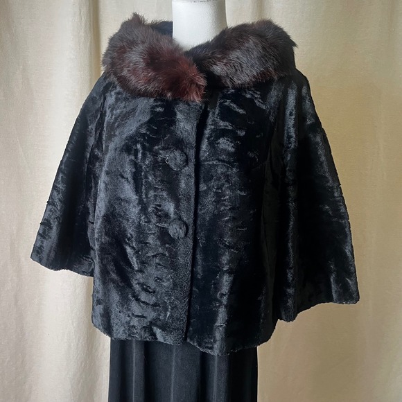 Vintage Jackets & Blazers - Vintage Sheared Fur Cape w/ Mink Collar Black Swing Evening Capelet M/L